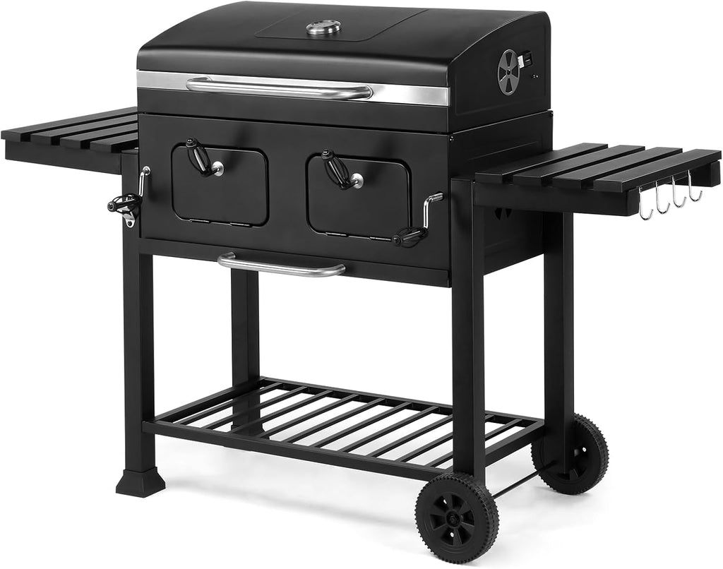 61.5' Portable Charcoal Grill,Metal Outdoor Barbecue Smoker,Heavy Duty Outdoor BBQ Grill,Portable Vertical Camping Barbecue Grill,with Foldable Side Tables,for Garden Patio Beach Backyard (Black)