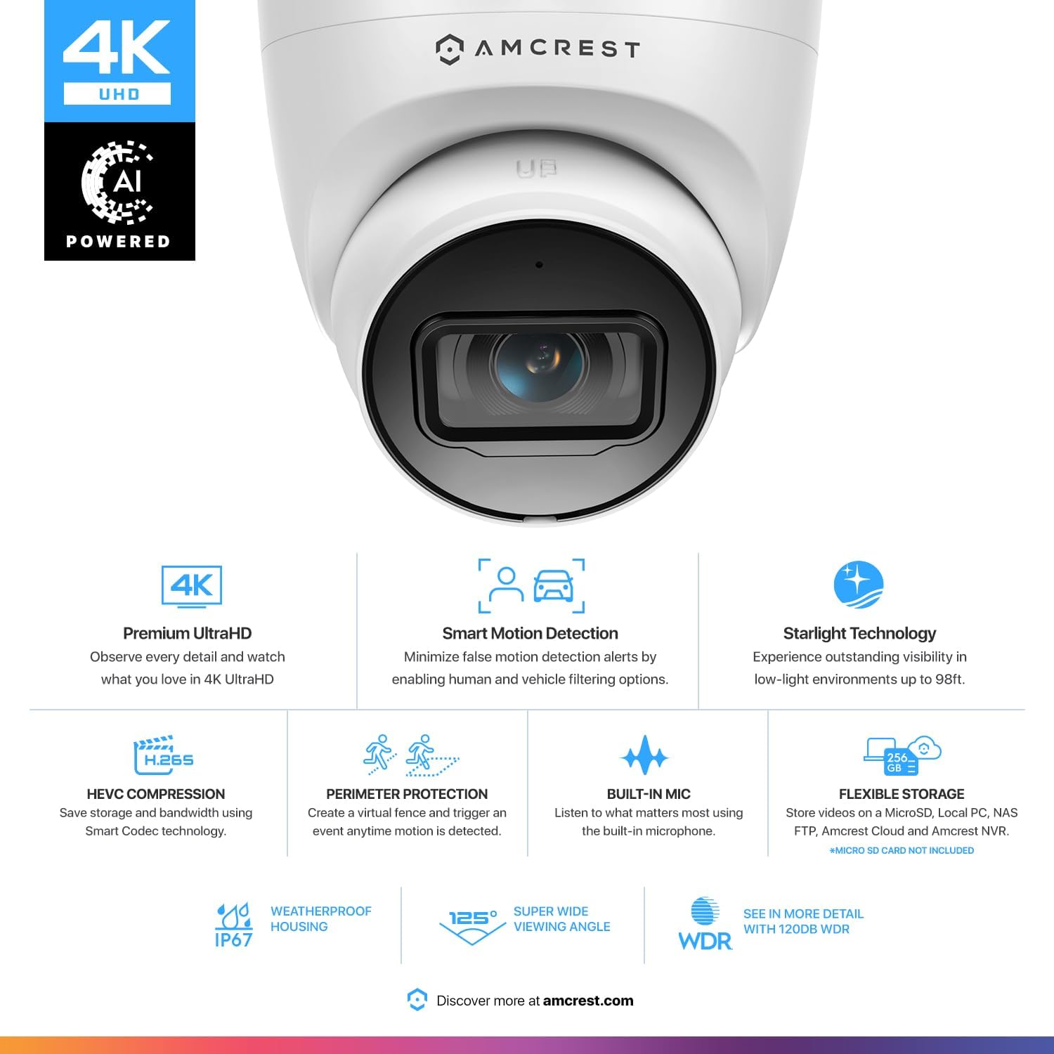 2-Pack Amcrest UltraHD 4K (8MP) Outdoor Security IP Turret PoE Camera, 3840x2160, 98ft NightVision, 125° FOV, IP67, MicroSD Recording (256GB), White (2PACK-IP8M-T2599EW-AI-V3)