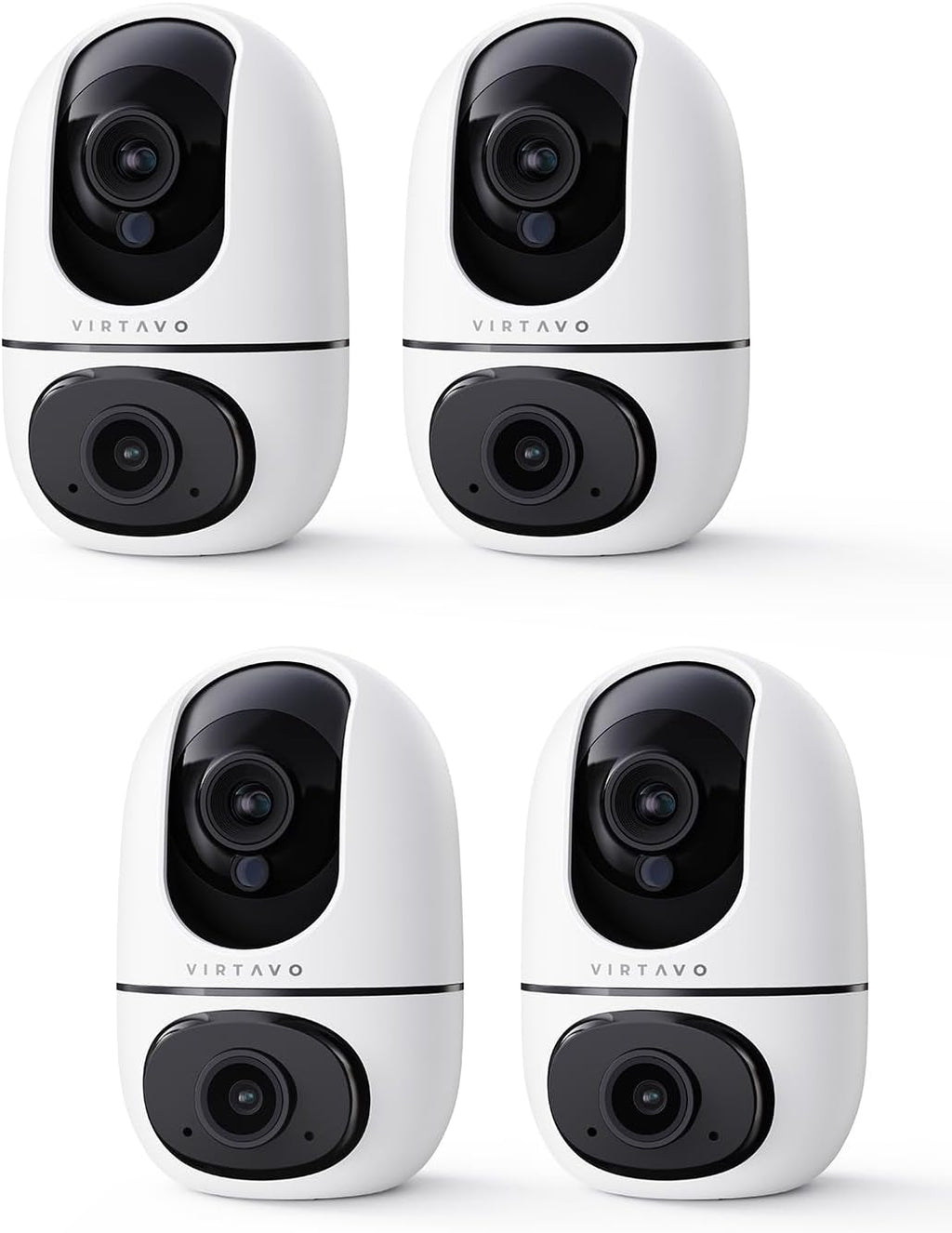 VIRTAVO Indoor Pet & Baby Camera, No Subscription Required, Dual-Lens 360° PTZ, Motion Tracking, 2-Way Audio, Night Vision, Cloud/SD Storage, Phone App, WiFi, 4-Pack, Power Adapter Included