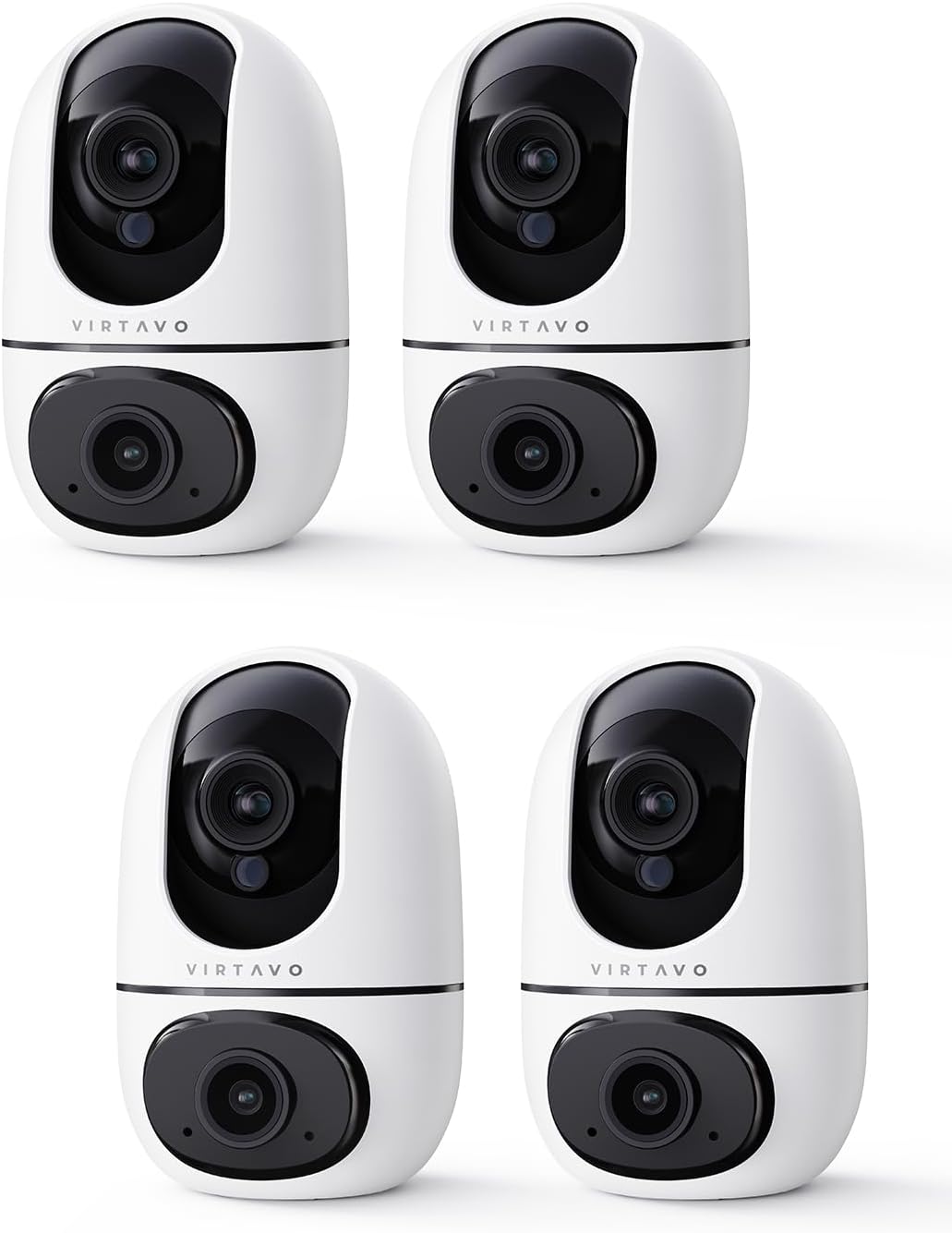 VIRTAVO Indoor Pet & Baby Camera, No Subscription Required, Dual-Lens 360° PTZ, Motion Tracking, 2-Way Audio, Night Vision, Cloud/SD Storage, Phone App, WiFi, 4-Pack, Power Adapter Included