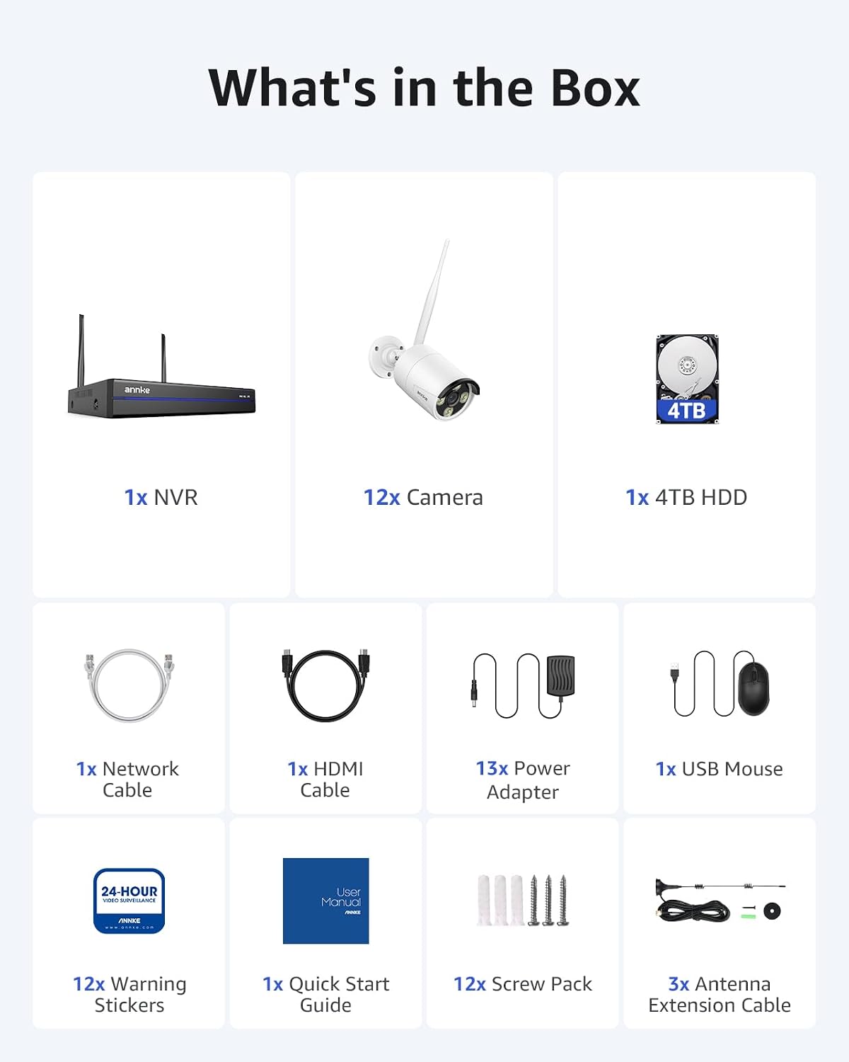 ANNKE Wireless Security Camera System 4TB Hard Drive, 16CH 4K WiFi NVR Kit, 12Pcs 2K Home Surveillance Cams for Indoor/Outdoor, 2-Way Audio, Night Vision, Weatherproof, Motion Detection, Metal Housing
