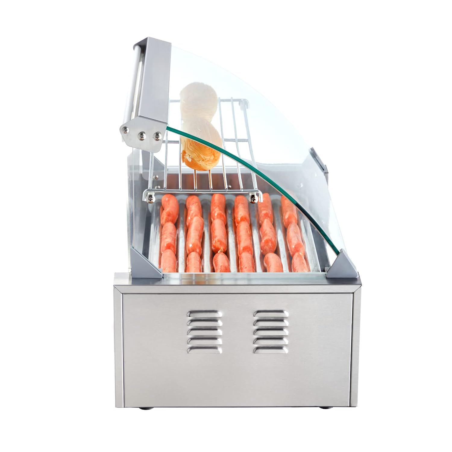 VEVOR Hot Dog Roller 7 Rollers 18 Hot Dogs Capacity 1050W Stainless Sausage Grill Cooker Machine with Dual Temp Control Glass Hood Acrylic Cover Bun Warmer Shelf Removable Oil Drip Tray, ETL Certified