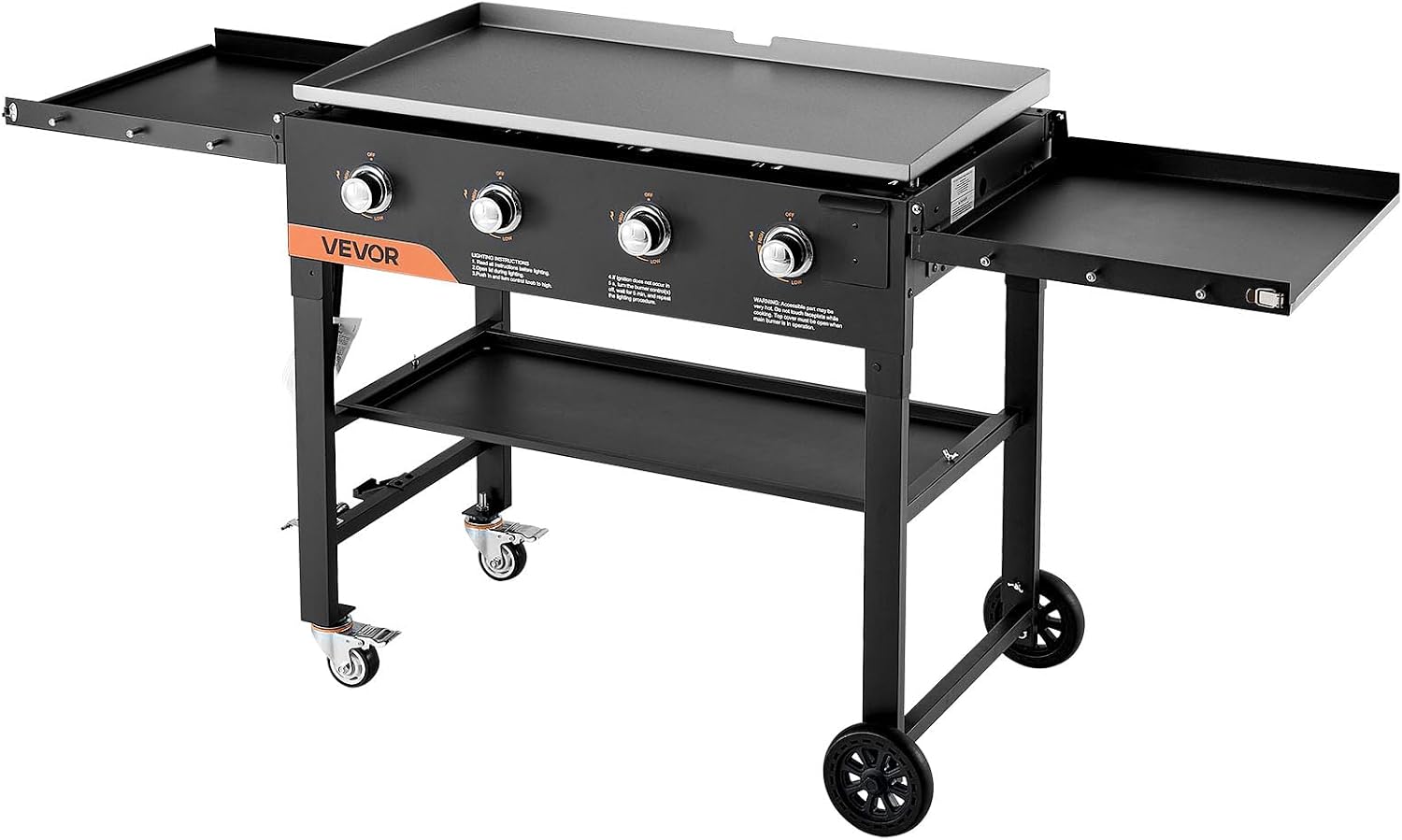 VEVOR Gas Griddle, 4-Burner Flat Top Grill, 36 inch Grill Plate Foldable Propane Griddle with Wheels, 60000 BTU Outdoor Flat Top Grills for Pan-Frying, Grilling, Stir-Frying, & BBQ, Pulse Ignition