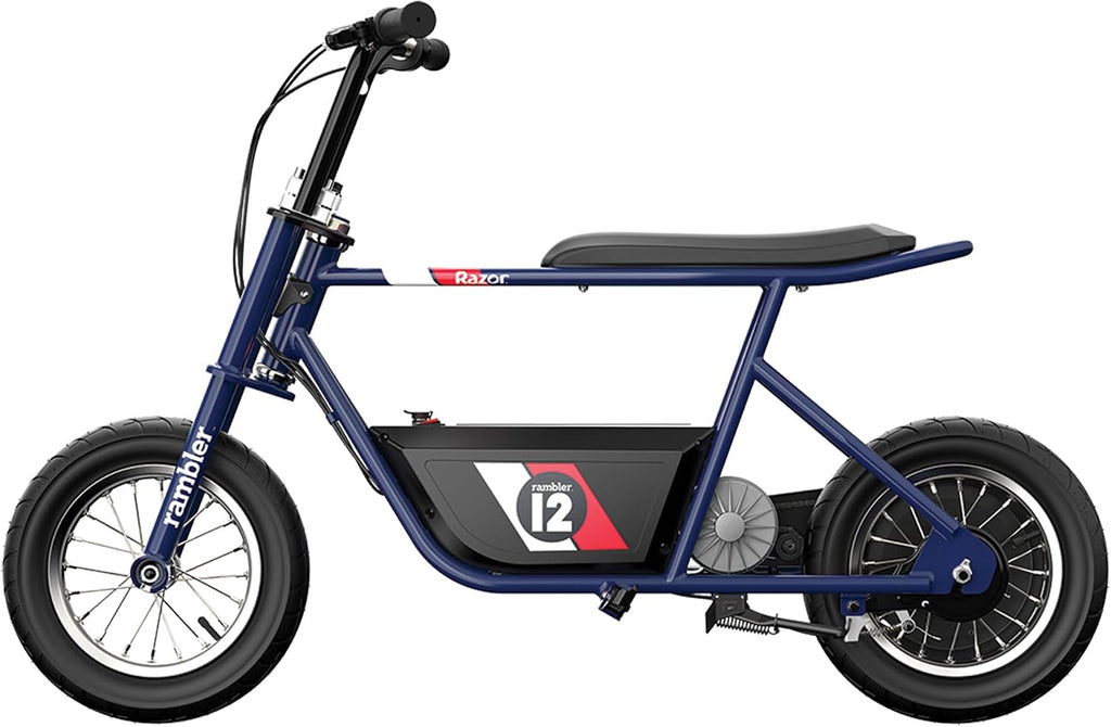 Razor Rambler 12 Electric Retro Mini Bike Ride for Teens Ages 13+, 170 lb Max Weight, Dark Blue – 250W Motor, Up to 14 Mph, 40-Min Run Time, Twist-Grip Throttle, Spoked Wheels w/ 12' Pneumatic Tires