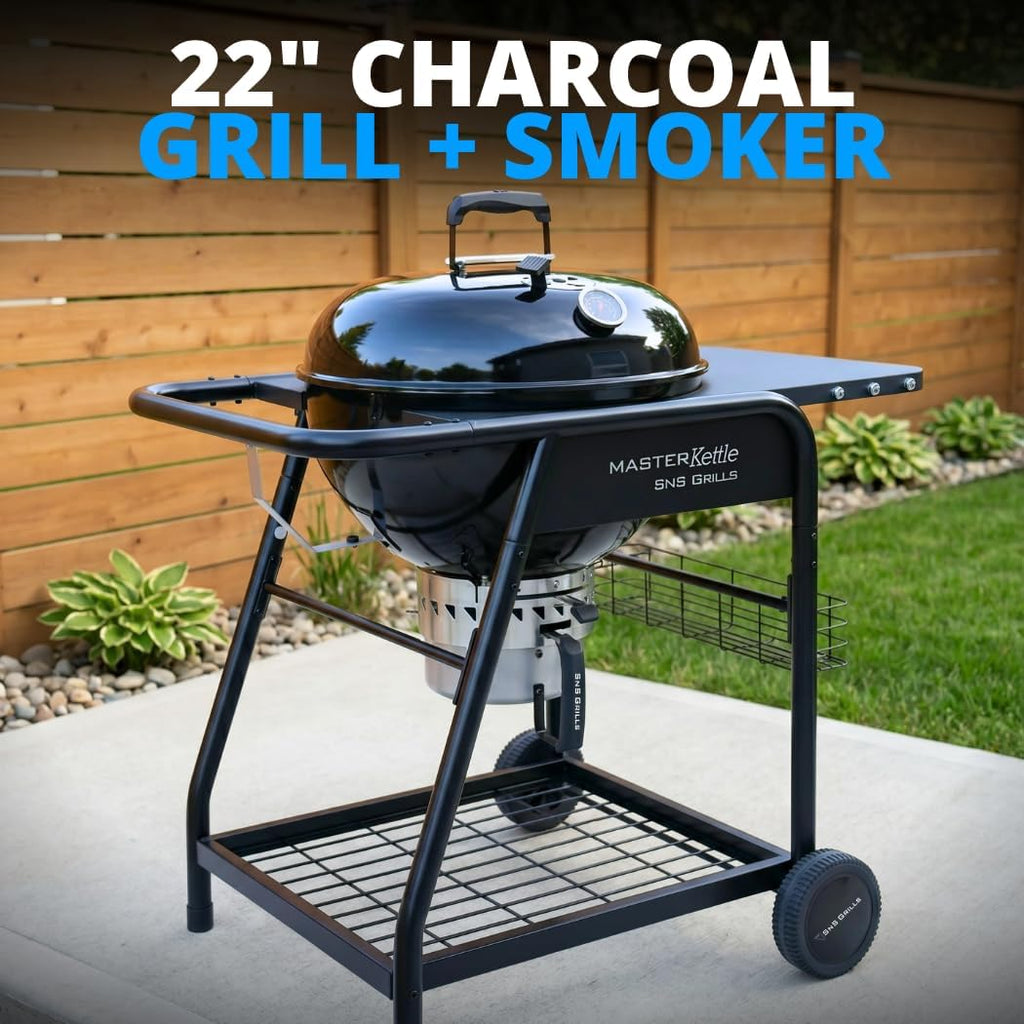 SnS Grills 22-Inch Charcoal Grill and Smoker — MasterKettle with Patented Slow 'N Sear Deluxe Insert, 304 Stainless EasySpin Grate, Integrated Side Table, 10-Year Warranty.
