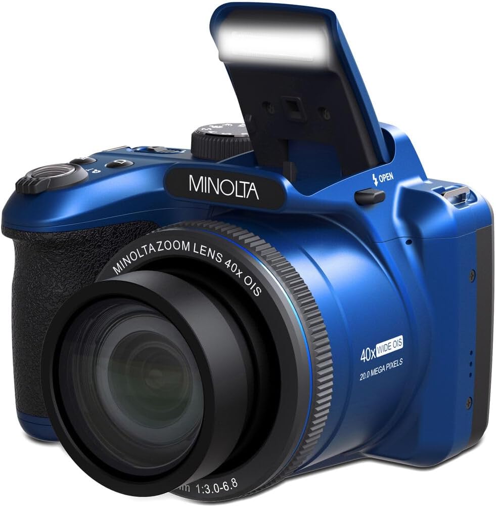MINOLTA MN40Z 20 Mega Pixels 40x Optical Zoom Digital Camera with 1080p FHD Video (Blue) Bundle with 64GB Memory Card + Vlogging Tripod + More Accessories