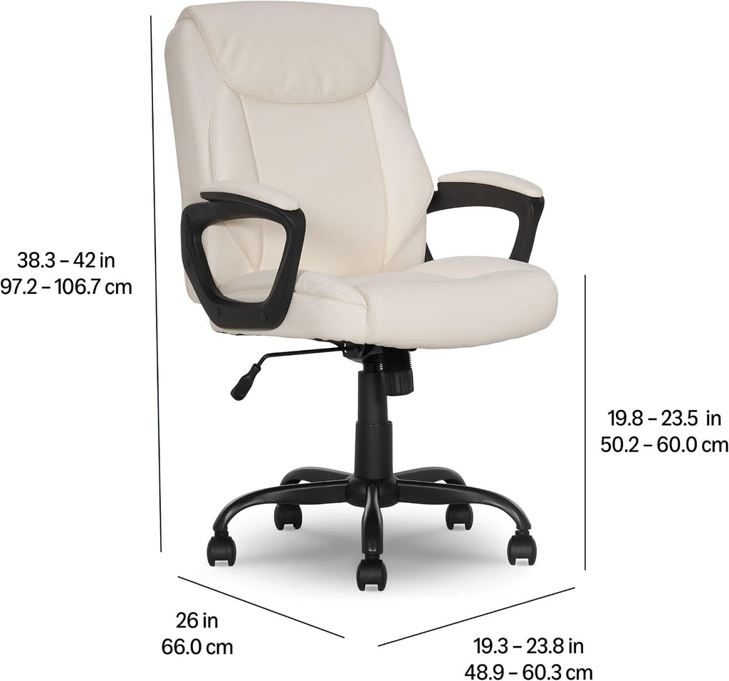 Amazon Basics Classic Puresoft PU Padded Mid-Back Office Chair with Armrest, Height Adjustable, Easy to Assemble, 26'D x 23.75'W x 42'H, Cream