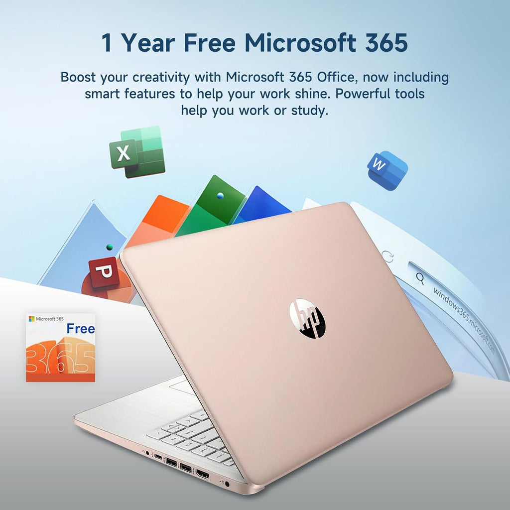 HP 14 Laptop, Quad-Core (Beat i3) 8GB RAM 256GB Storage(128GB UFS + 128GB SD Card) 1-Year Office 365 Copilot AI Computer for Student Study Back to School Win11 w/GM Accessory