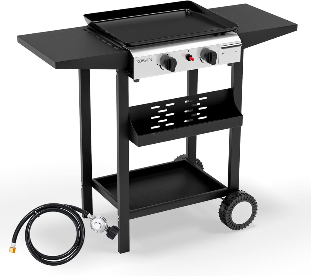 ROVSUN 2 Burner Portable Propane Griddle with Electronic Ignition, 20000 BTU Rolling Flat Top Gas Grill with Nonstick Enameled Tray, Side Shelves & Regulator for Outdoor Cooking Camping BBQ Tailgating