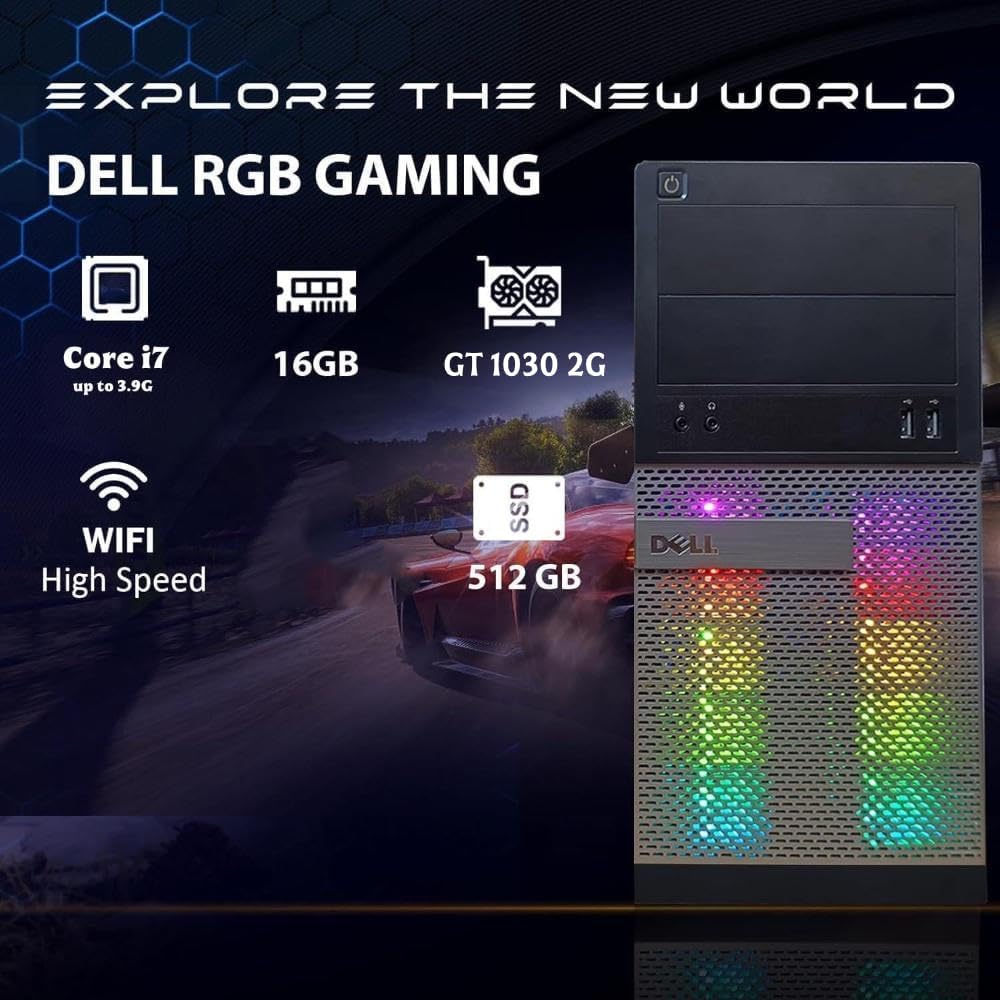 Dell Gaming OptiPlex Desktop RGB Computer PC, Intel Core i7, GeForce GT 1030 2G, 16GB RAM, 512GB SSD, RGB Keyboard & Mouse, WiFi 600M, BT 5.0, Windows 11 Pro (Renewed)