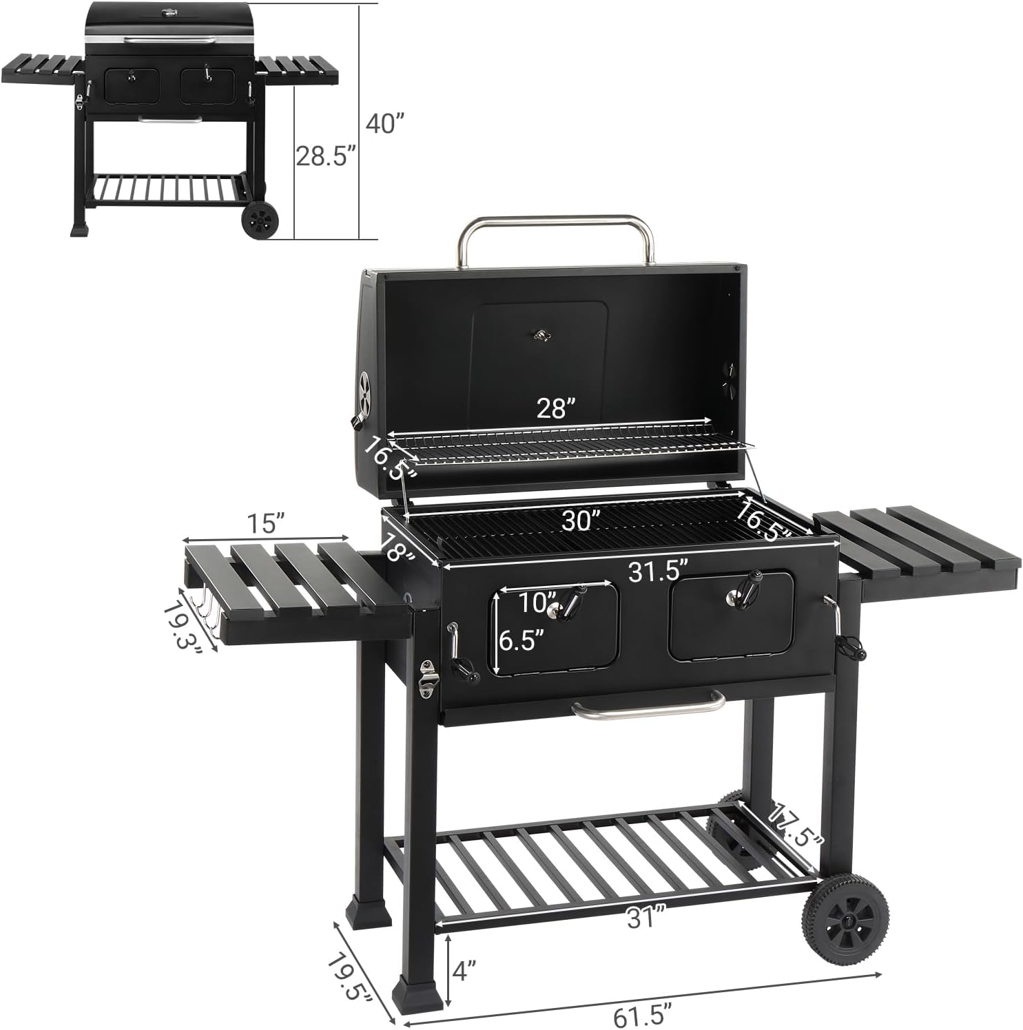 61.5' Portable Charcoal Grill,Metal Outdoor Barbecue Smoker,Heavy Duty Outdoor BBQ Grill,Portable Vertical Camping Barbecue Grill,with Foldable Side Tables,for Garden Patio Beach Backyard (Black)