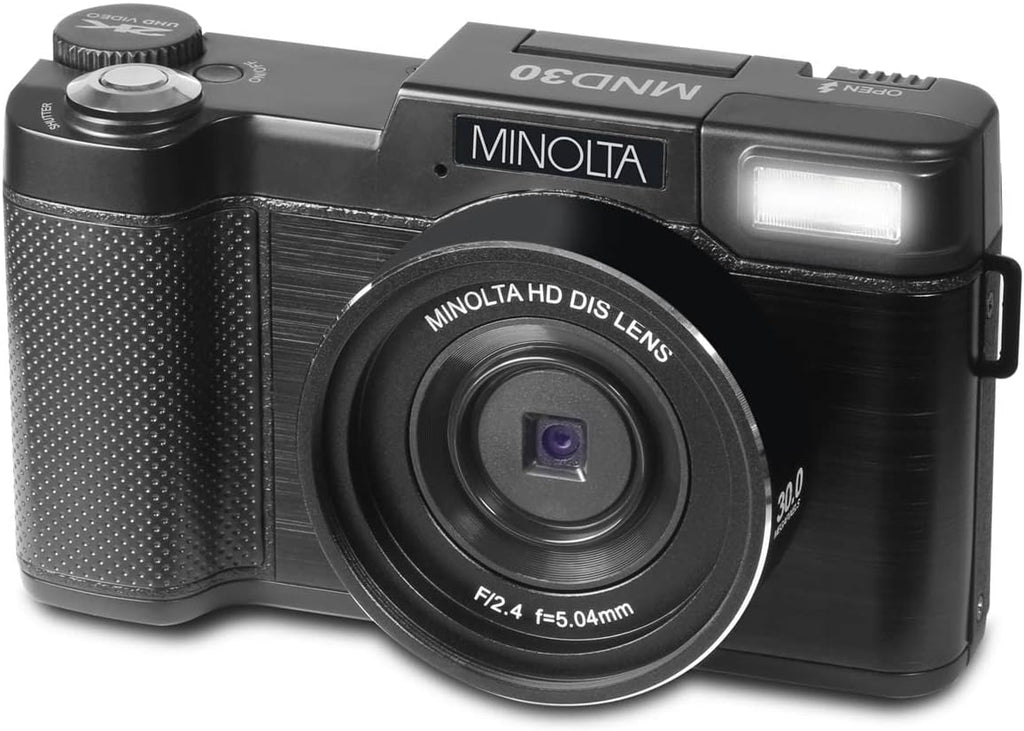 Minolta 30MP Digital Camera – 2.7K Ultra HD Video, 3-inch 180° LCD Screen, Face Detection, Anti-Shake, 9 Scene Modes, Photo Burst, Panorama, CMOS Sensor, 32GB Card (Black)