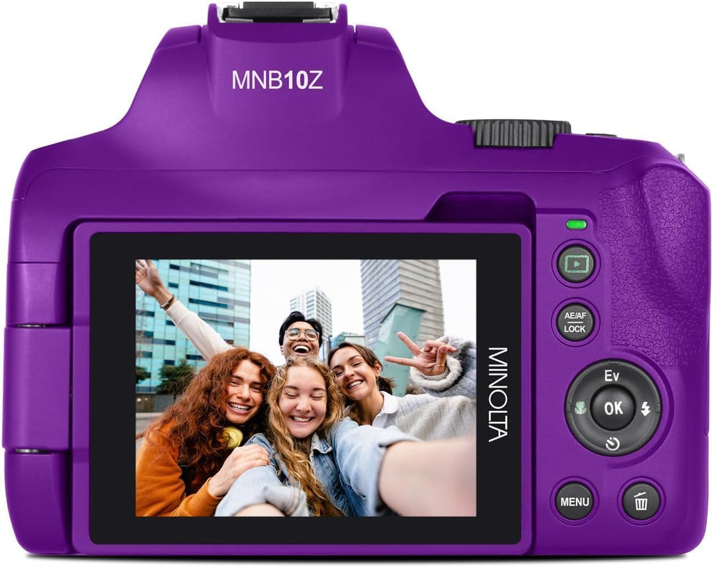 Minolta 64 Mega Pixels Auto Focus Digital Camera with 10x Optical Zoom,4K Ultra HD Video and Macro Shooting, Bundle with 32 GB Memory Card + Vlogging Tripod + Cleaning kit + More Accessories - Purple