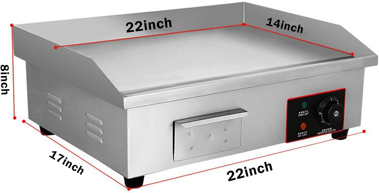 110V 3000W 22' Commercial Electric Countertop Griddle Flat Top Grill Hot Plate BBQ,Adjustable Thermostatic Control,Stainless Steel Restaurant Grill for Kitchen