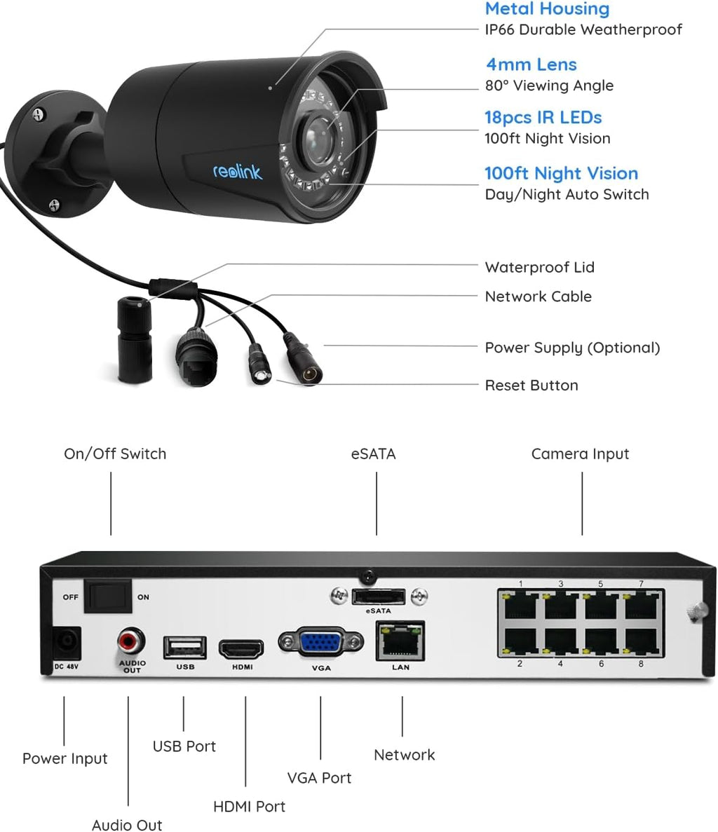 REOLINK 8CH 5MP PoE Security Camera System, 4pcs Wired PoE IP Cameras Outdoor with Person/Pet/Vehicle Detection, 4K 8CH NVR with 2TB HDD for 24-7 Recording, RLK8-410B4-5MP Black