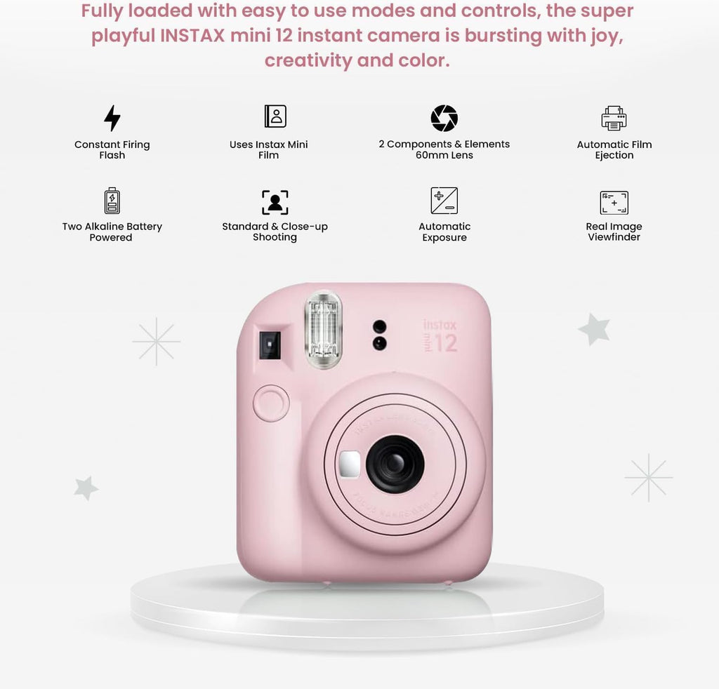 Fujifilm Instant Mini 12 Camera + Accessory Bundle & Compatible Custom Case + Fuji Instant (20 Shots) Designer Mini Photo Album (60 Pockets) (Blossom Pink)