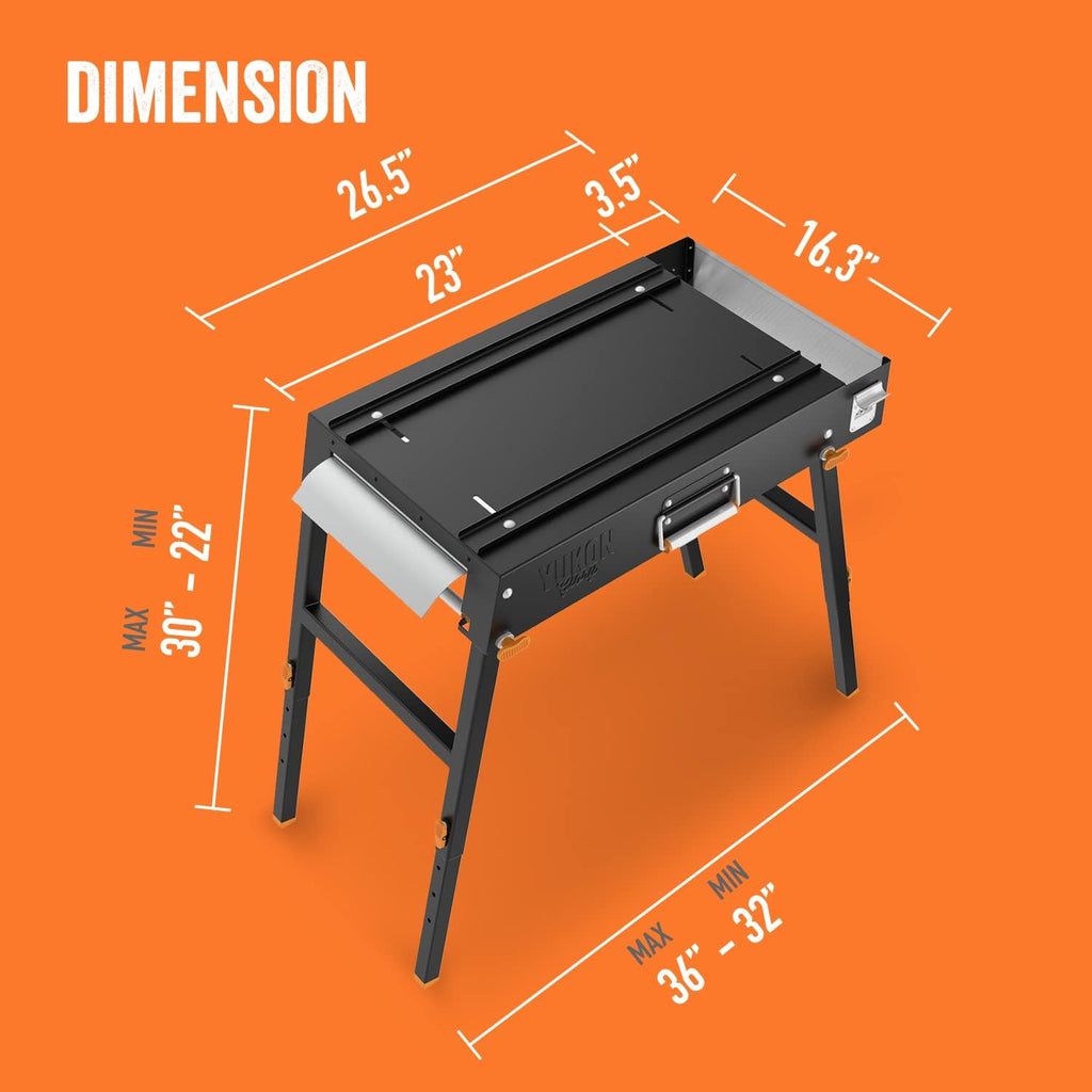 Yukon Glory™ Universal Portable Grill Table/Flat Top Grill Griddles Stand with Built in Caddy - Designed to Fit Tabletop Blackstone Griddle & Many Others - Outdoor Cooking Camping & Tailgating