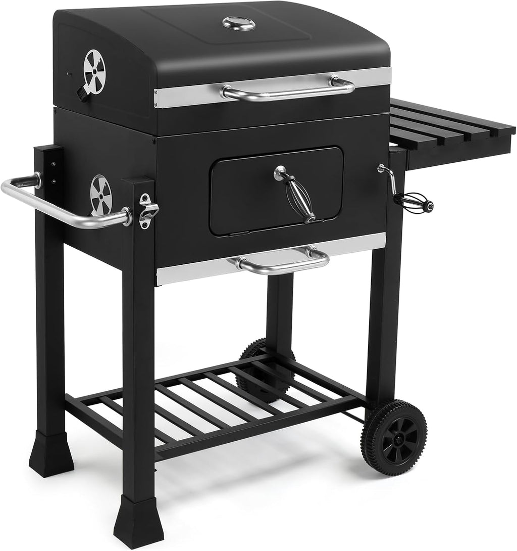 45.6' Portable Charcoal Grill,Metal Outdoor Barbecue Smoker,Heavy Duty Outdoor BBQ Grill,Vertical Camping Barbecue Grill,with Foldable Side Table & Wheels,for Garden Patio Beach Backyard (Black)