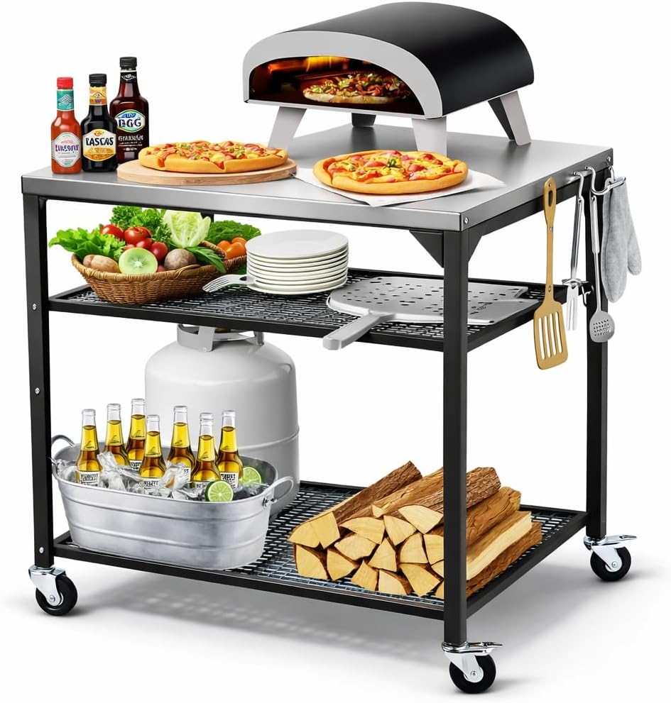 Hisencn Pizza Oven Table Cart for Ninja Woodfire, Blackstone, Cuisinart Pizza Oven, Outdoor Grill Cart, Stainless Steel Portable Grill Tables Grill Stand, Modular Table, Food Prep Carts with Hooks