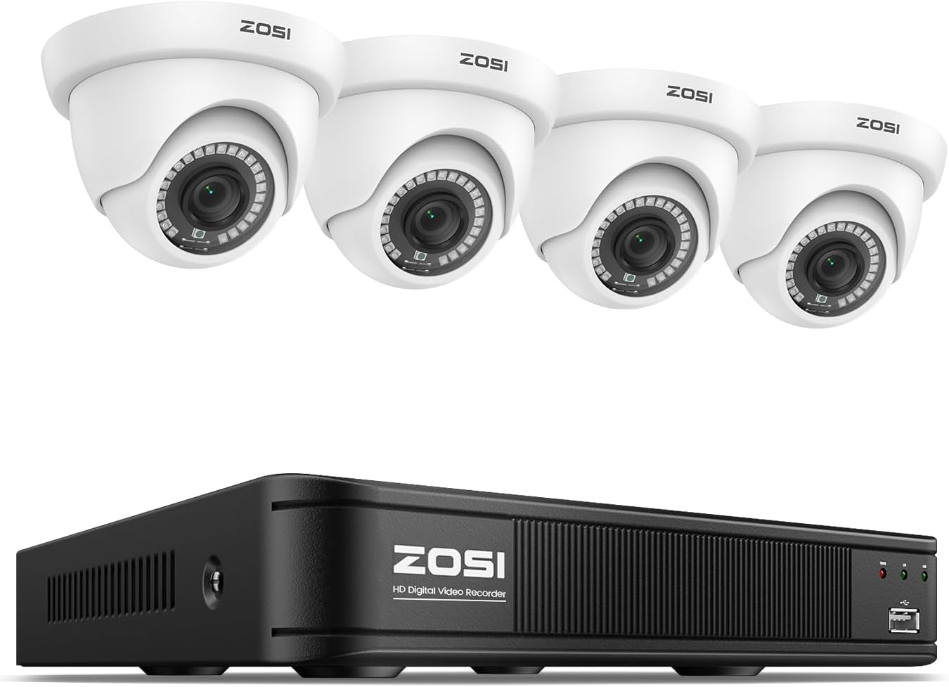 ZOSI 1080P H.265+ Home Security Camera System with AI Human Vehicle Detection, 5MP 3K 8 Channel Surveillance DVR and 4 x 1080p Weatherproof CCTV Dome Camera Outdoor Indoor, 80ft Night Vision, No HDD