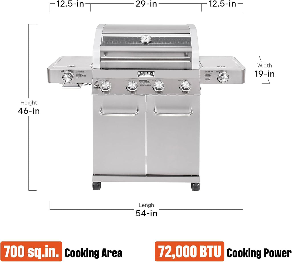 Monument Grills Larger 4-Burner Propane Gas Grills Stainless Steel Cabinet Style with Infrared Side Sear & Side Burners with Stainless Steel Cooking Grids(2 Items)