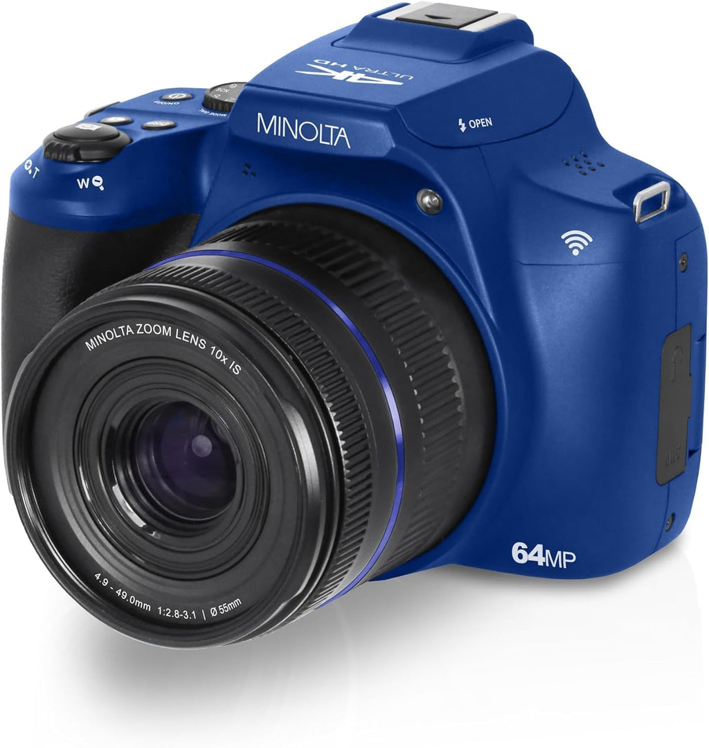 Minolta 64 Mega Pixels Auto Focus Digital Camera with 10x Optical Zoom, 4K Ultra HD Video and Macro Shooting, Bundle with 32 GB Memory Card + Vlogging Tripod + Cleaning kit + More Accessories (Blue)