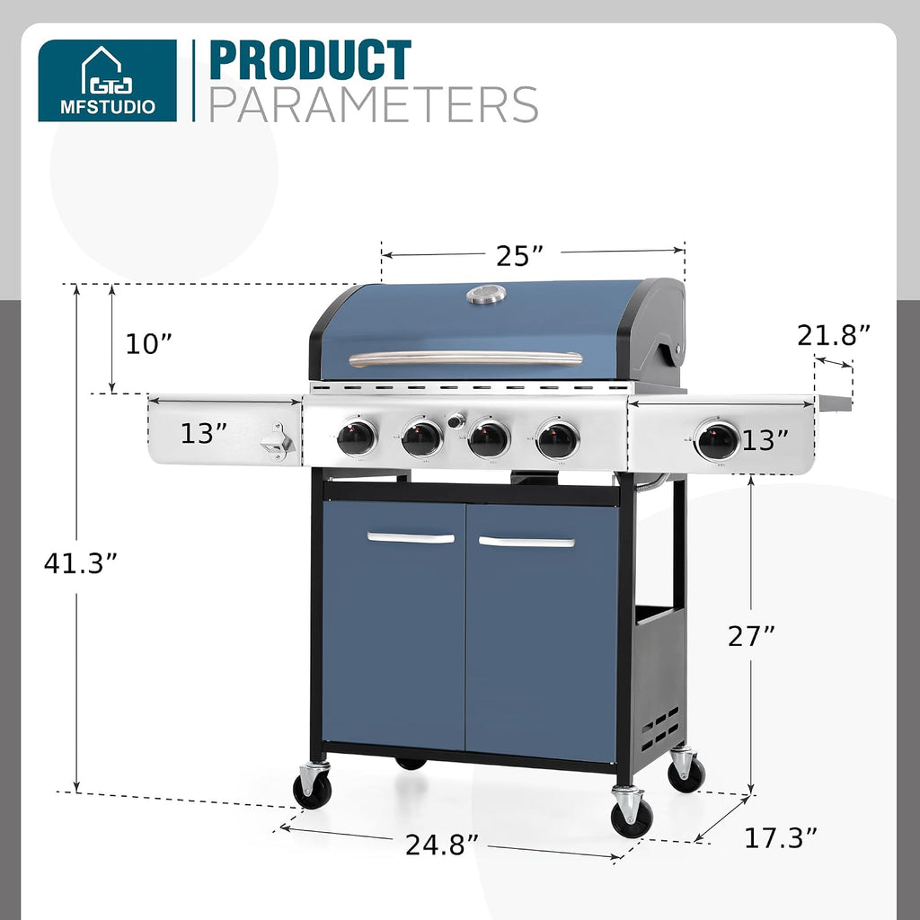 MFSTUDIO 4 Burner BBQ Gas Grill with Side Burner, Propane Grills with Porcelain-Enameled Cast Iron Grates, 42,000 BTU for Outdoor Backyard Barbecue Cooking, Blue