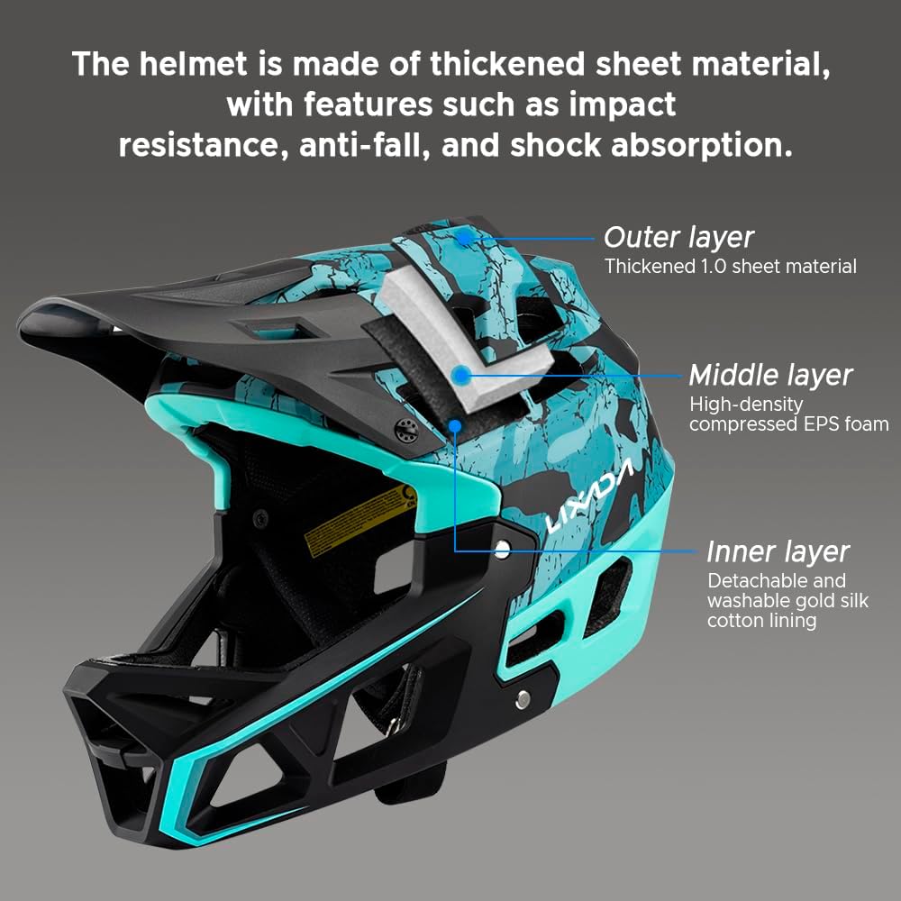 Lixada Adult Bike Helmet, Full Face Mountain Bike Helmet Lightweight Bicycle Helmet with Pads & Visor, Comfort Cycling Helmet Racing Downhill MTB Helmet for Men Women