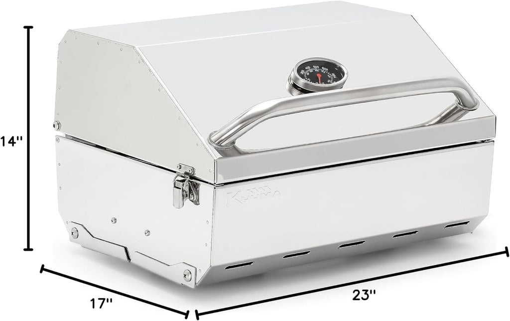 Camco Kuuma Stow N'Go 216 Elite Propane Grill | Features Built-In Thermometer & Push-Button Igniter | Includes Fold Away Legs & Removable Warming Rack | Use as Camping Stove and More (58155)