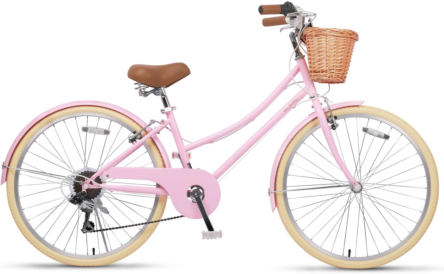 Glerc 20 24 26 Inch Beach Cruiser Bike, 6-Speed Hybrid City Bicycle for Girls Youth and Over 6 Years Old, Missy Bike with Wicker Basket & Lightweight, Multiple Colors