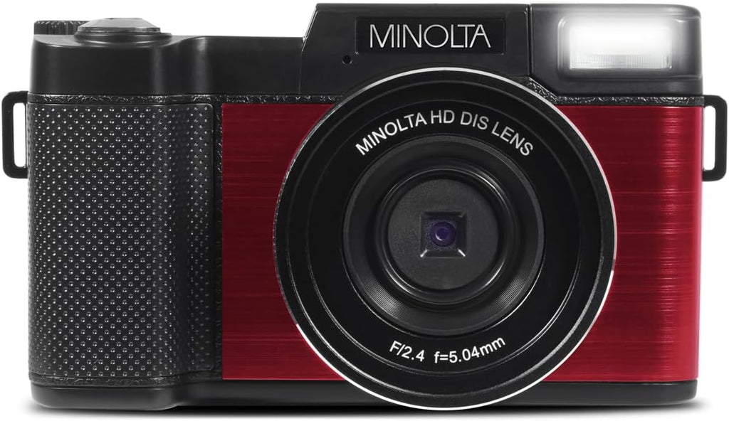 Minolta 30MP Digital Camera – 2.7K Ultra HD Video, 3-inch 180° LCD Screen, Face Detection, Anti-Shake, 9 Scene Modes, Photo Burst, Panorama, CMOS Sensor, 32GB Card (Red)