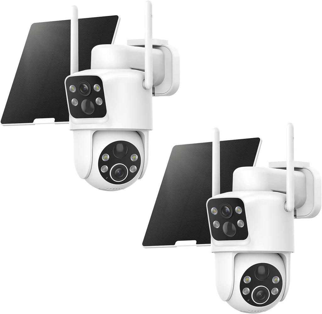 TKENPRO 2 Pack Dual Lens Solar Security Cameras Wireless Outdoor, 2K Full HD Video, 360° View Pan/Tilt Home Security Camera with Color Night Vision, Easy to Install （2pack）
