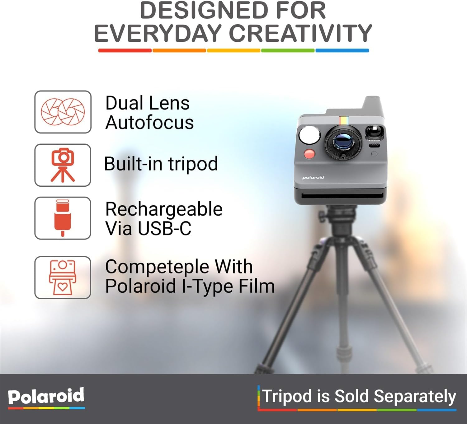 Polaroid Now Generation 3 I-Type Instant Camera (Black) Bundle with Color I-Type Film (8 Exposures), Hard Protective Case and Wrist Strap