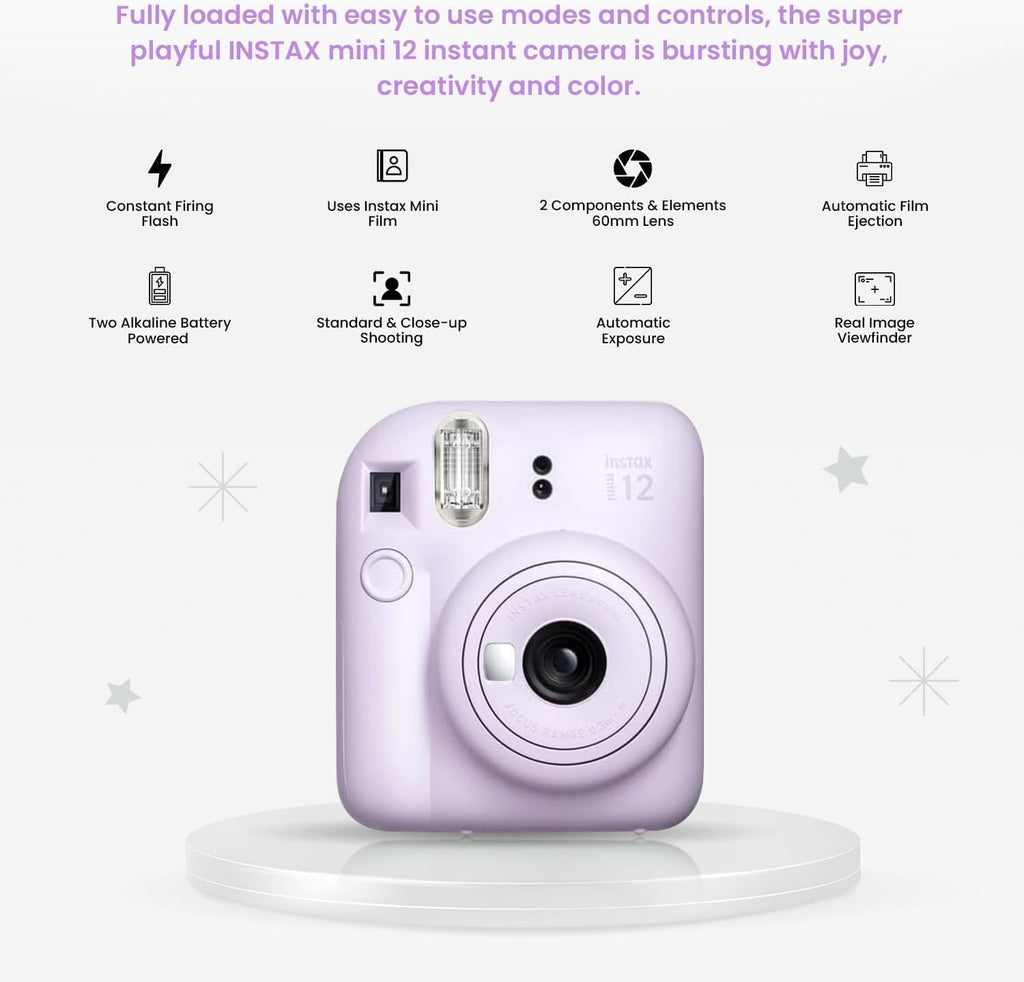 FUJIFILM INSTAX Mini 12 Holiday Bundle 2025 | with Extra Instax Mini Film + 4 Pk AA Batteries & Sunshine Photo Microfiber Cleaning Cloth (10 Items) (20 Sheets, Lilac Purple)