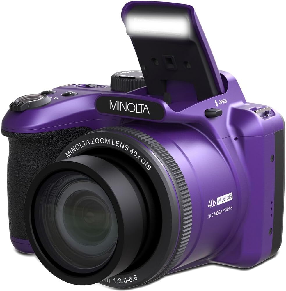 MINOLTA MN40Z 20 Mega Pixels 40x Optical Zoom Digital Camera with 1080p FHD Video (Purple) Bundle with 64GB Memory Card + Vlog Tripod + 4xAA Battery with Charger + Accessories