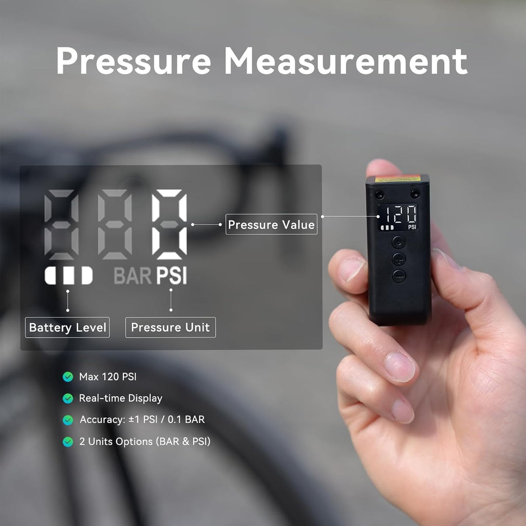 CYCPLUS AS2 Ultra Tiny Bicycle Pump with Gauge, Max 120 PSI Electric Mini Pump, Auto Stop, with Presta and Schrader Valve for E-Bike, MTB, and Road Bike Magnesium Alloy Casing (90g)