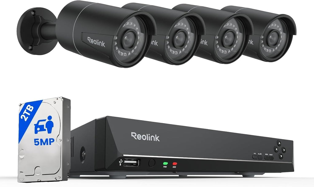 REOLINK 8CH 5MP PoE Security Camera System, 4pcs Wired PoE IP Cameras Outdoor with Person/Pet/Vehicle Detection, 4K 8CH NVR with 2TB HDD for 24-7 Recording, RLK8-410B4-5MP Black