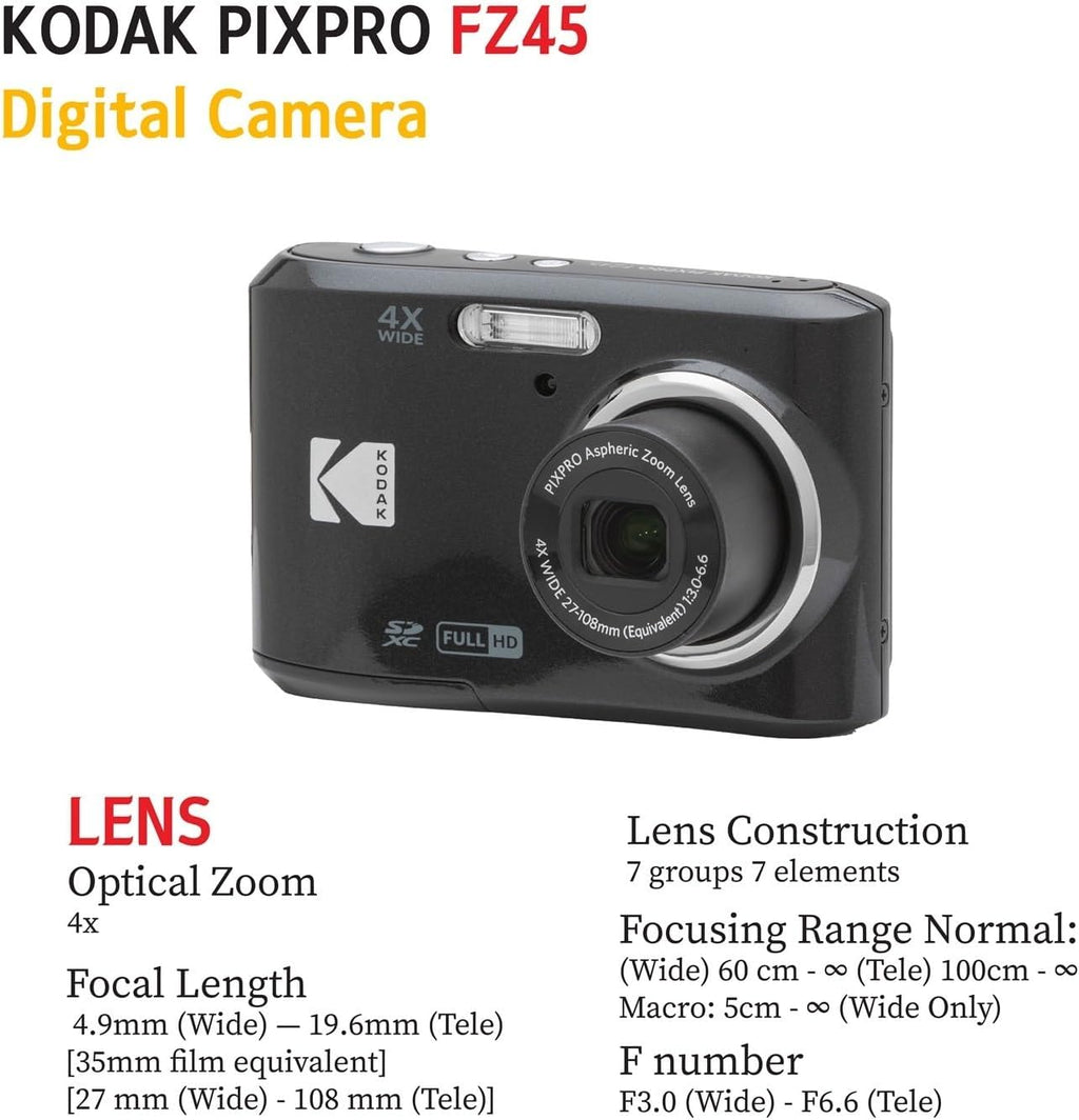 KODAK PIXPRO FZ45 16MP Digital Camera with 4X Optical Zoom 27mm Wide Angle and 2.7' LCD Screen Bundle with 32GB SD Memory Card, AA Batteries (4 Pack), Lens Cleaning Cloth (Black)