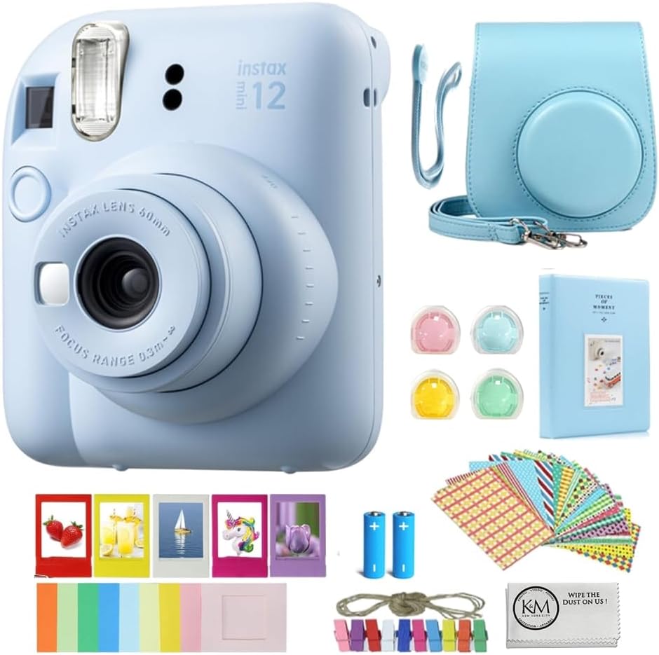 FUJIFILM INSTAX Mini 12 Instant Film Camera | Pastel Blue Bundled with Instax Accessory Bundle + Cleaning Cloth (8 Items)
