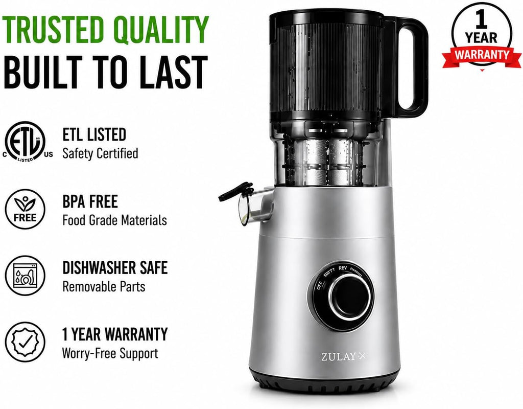 Zulay Kitchen Juicer Machine with 5' Wide Feed Chute, Cold Press Slow Masticating Juicer for Whole Fruits & Vegetables, Easy to Clean Stainless Steel Blades, High Juice Yield - Silver