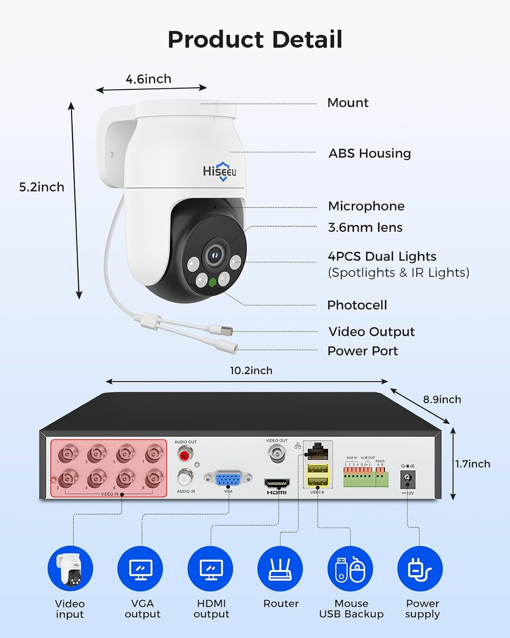 Hiseeu 4K PTZ Wired Security Camera System with 8 x 8MP IP67 CCTV Cameras,8MP DVR,360° Coverage,Smart Color Night Vision,Audio,Person/Vehicle Detection,2TB HDD for 24/7 Recording,Surveillance DVR Kit