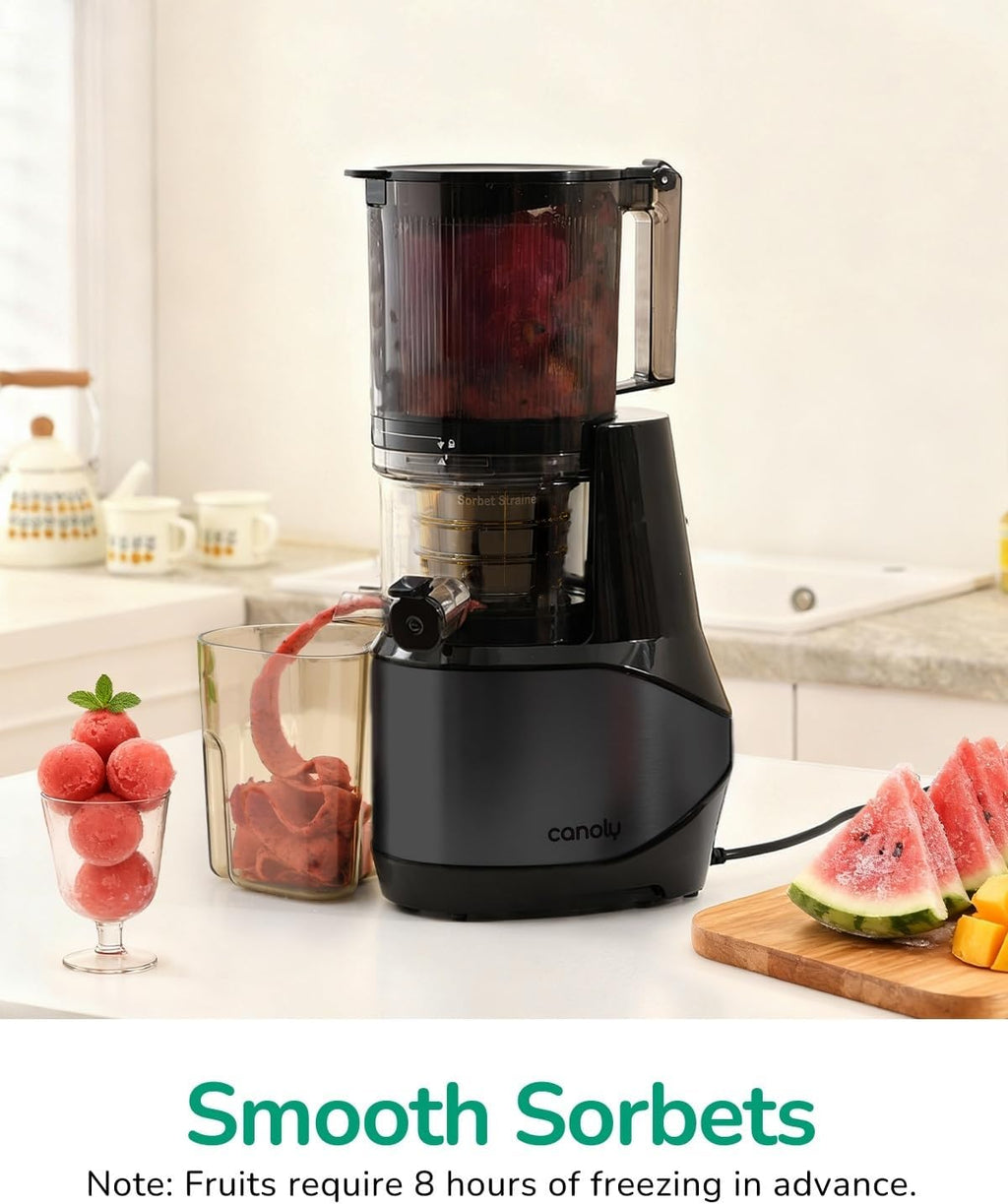 Canoly C09 Cold Press Juicer, 6' Extra Wide Feed Chute, 3-IN-1 Strainers (Juice & Sorbet & Nut Milk), Powerful AC Brushless Motor, Self Precut System, Juicer Machines with BPA-Free (Black)