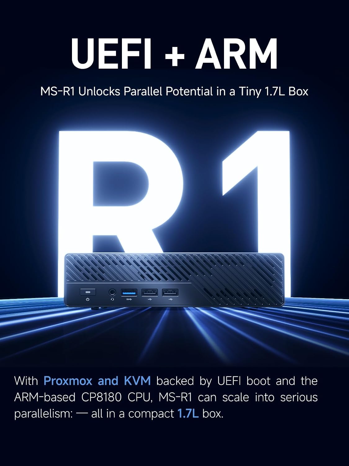 MINISFORUM MS-R1 ARM Mini Workstation with UEFI Boot CIX CP8180(12C/12T, up to 2.6GHz), 45 Tops, 64GB ECC LPDDR5 NO SSD Mini PC, PCIe x16 Slot, 2X 10GbE LAN, HDMI/2xUSB-C Triple Display, VM & Docker