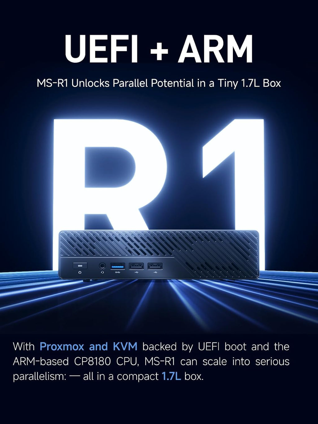 MINISFORUM MS-R1 ARM Mini Workstation with UEFI Boot CIX CP8180 (12C/12T, up to 2.6GHz), 45 TOPS, 64GB ECC LPDDR5 1TB SSD Mini PC, PCIe x16 Slot, 2x 10GbE LAN, HDMI/2xUSB-C Triple Display, VM & Docker