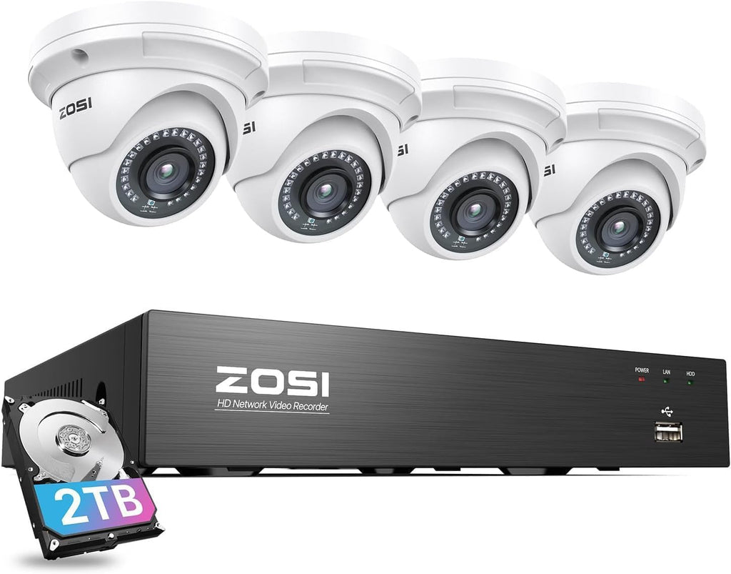 ZOSI 8CH PoE Home Security Camera System Outdoor Indoor,H.265+ 4K 8MP 8-Channel NVR System with 2TB HDD,4pcs 5MP PoE IP Surveillance Dome Cameras with 100ft Night Vision,Motion Alert,Remote Access
