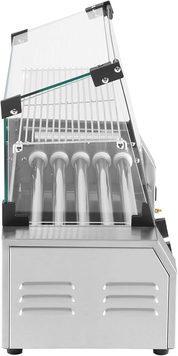 VEVOR Hot Dog Roller, 12 Hot Dog 5 Rollers, Stainless Steel Sausage Grill Cooker, 750W Commercial Hot Dog Machine with Dual Temp Control, Cover, Side Storage Box, Removable Shelf & Oil Drip Tray