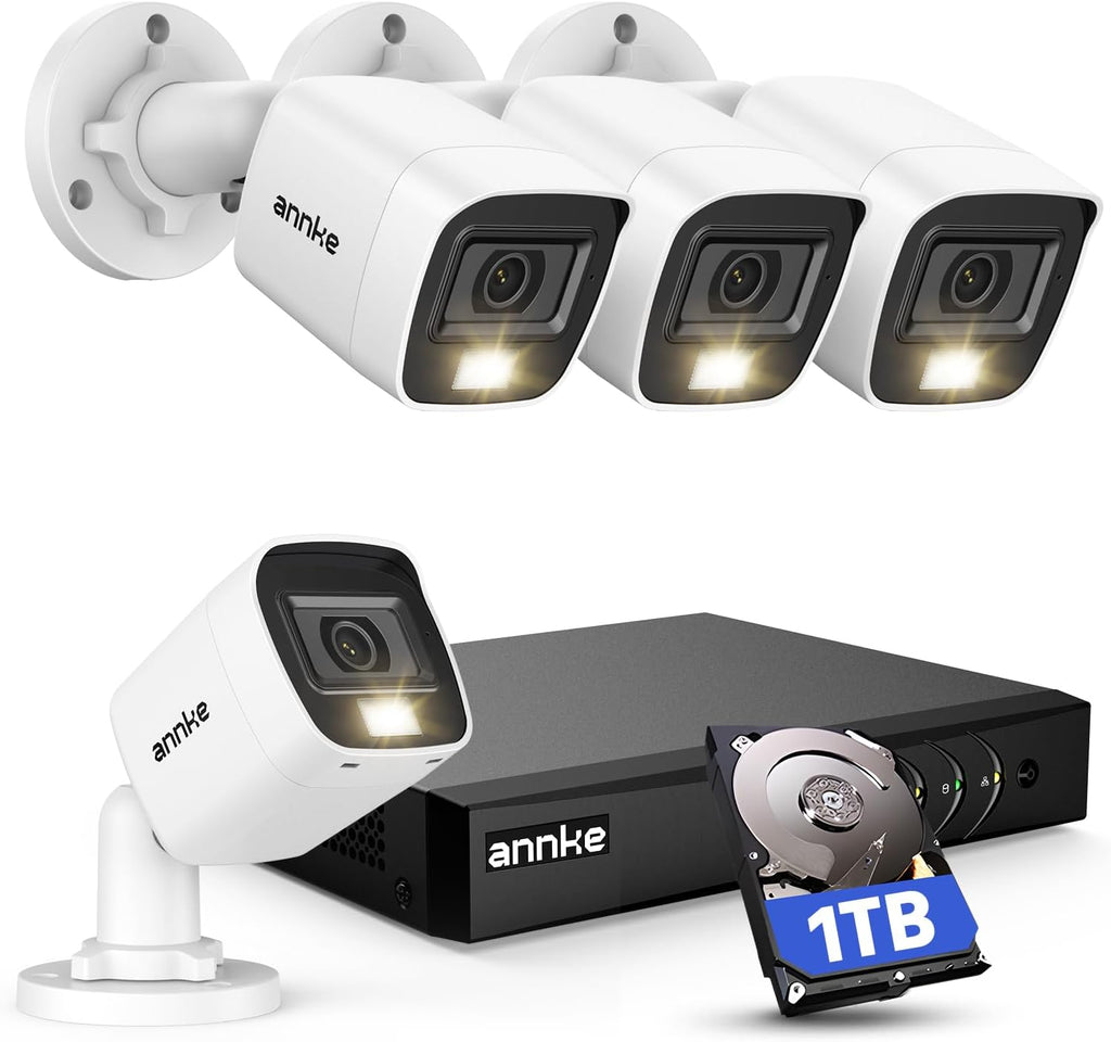 ANNKE 8CH 2MP Security Camera System, 8 Channel H.265+ DVR Recorder, AI Human/Vehicle Detection, 4X 1080P Cams with Smart Dual Light Color Night Vision for Home & Business Surveillance, IP67, 1TB HDD
