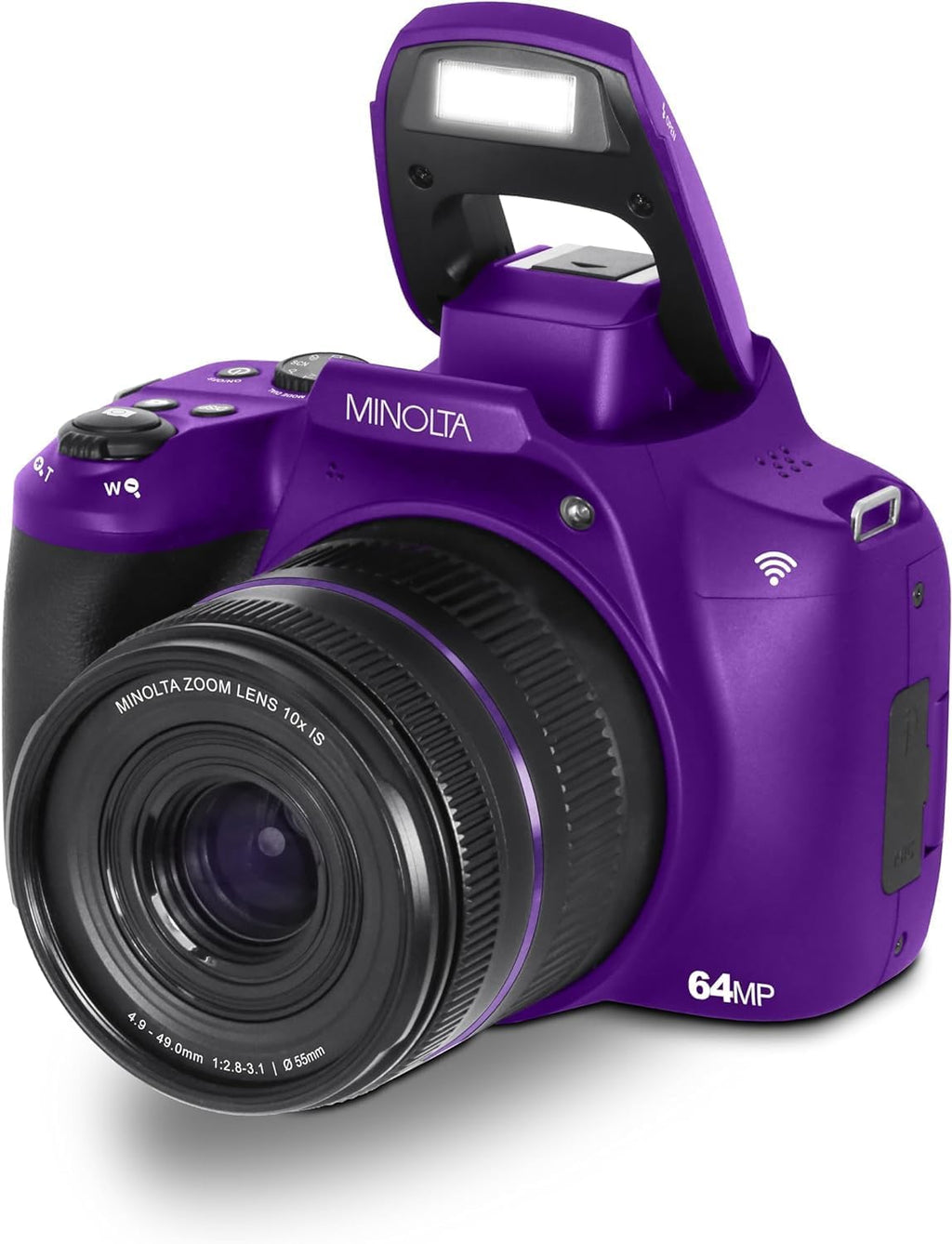 Minolta 64 Mega Pixels Auto Focus Digital Camera with 10x Optical Zoom,4K Ultra HD Video and Macro Shooting, Bundle with 32 GB Memory Card + Vlogging Tripod + Cleaning kit + More Accessories - Purple