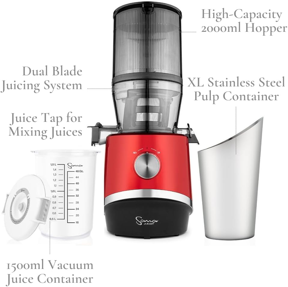 Sana 878 Self Feeding Batch Juicer | 3 Days of Cold Press Juicing Effortlessly | Most Convenient Juicer with Autopilot Configuration | Large Batch 2 Liter Capacity | Whole Fruits & Vegetables | Red
