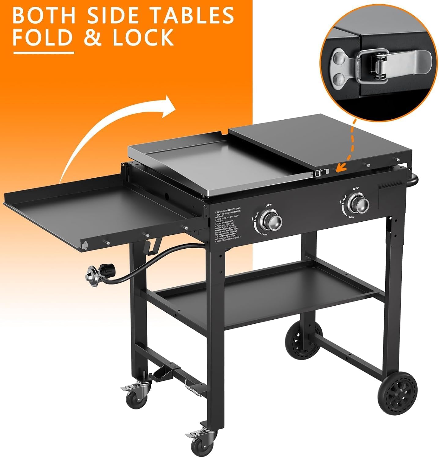 SKOK Foldable Gas Griddle-28 Inch Outdoor Propane Griddle, Portable Flat Top Gas Grill -30000 BTU Propane Fuelled, 2 Burners Table Top Griddle Station with Side Shelves